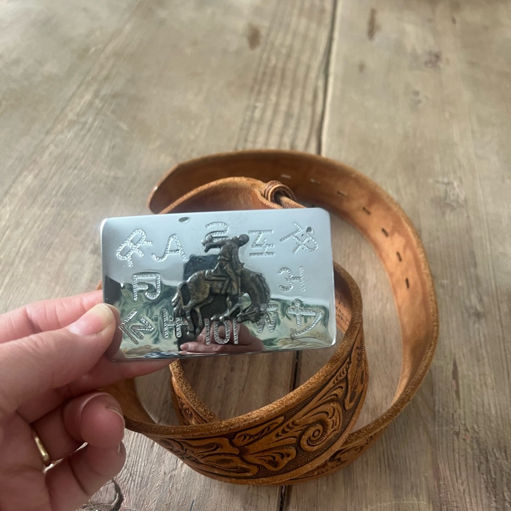 Verkamp’s western Floral Embossed Tan Leather Belt with Silver Buckle - Picture 5 of 15